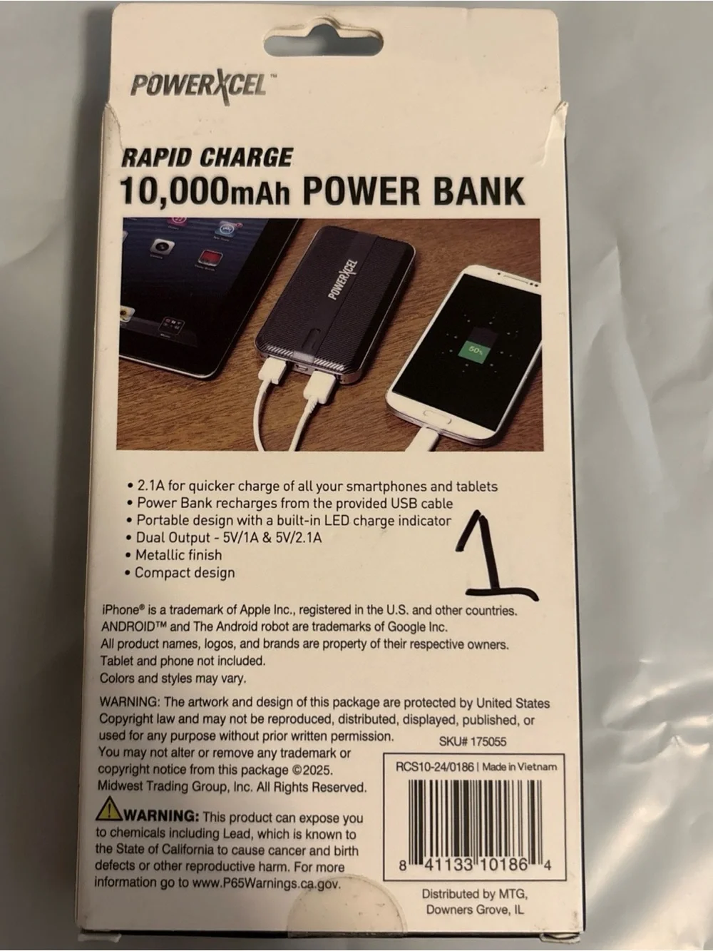 PowerXcel Power Bank Black, 10,000 mAh Rapid Charge Portable Charger - NEW